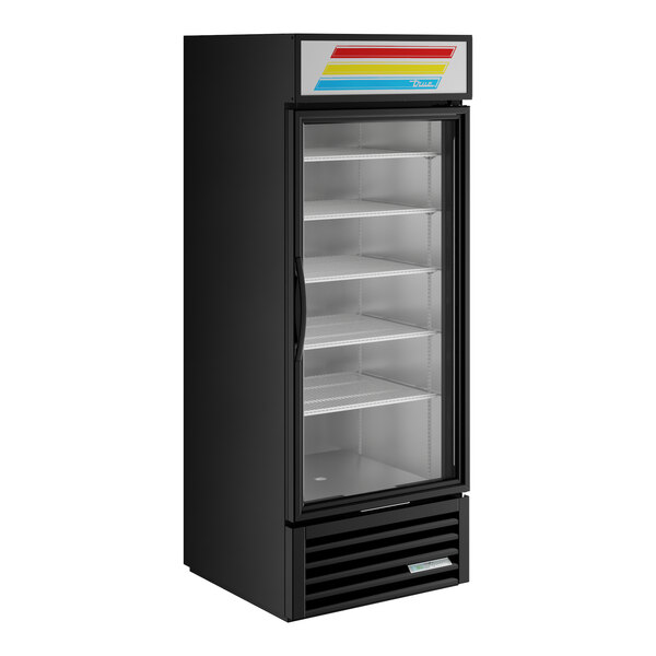 A black True refrigerated glass door merchandiser with shelves.