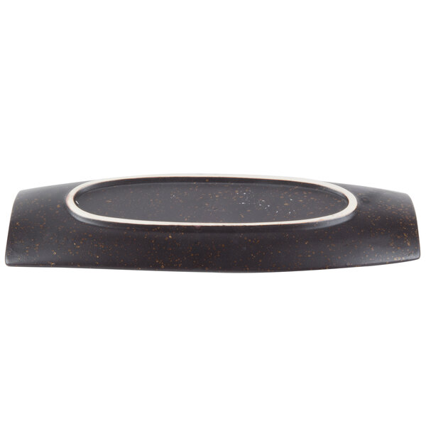 A black and brown rectangular stoneware platter with white lines on the surface and a silver rim.