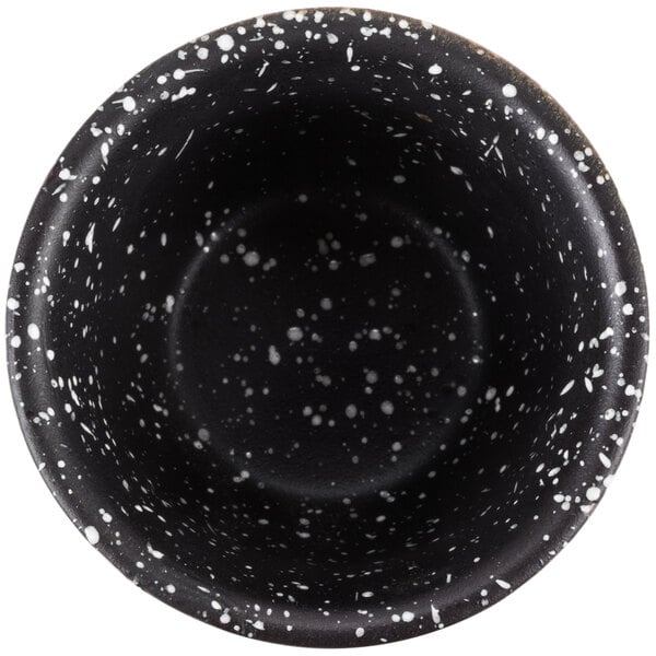 A black and white speckled 10 Strawberry Street Whittier Nagoya sake cup.
