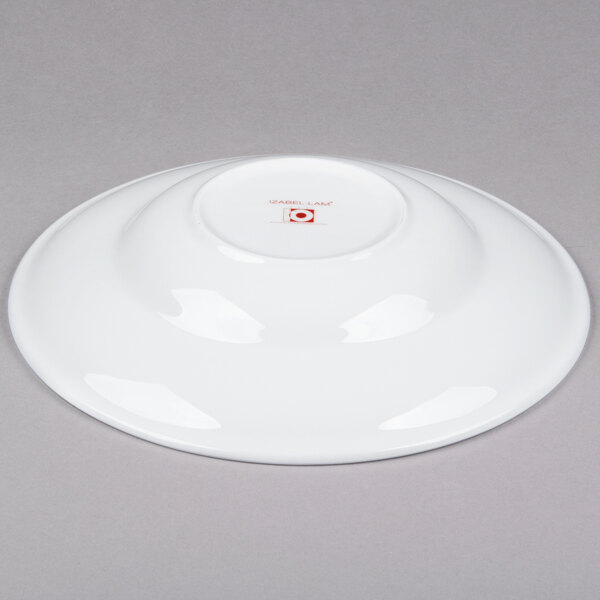 A white bone china pasta bowl with a wide rim and a red logo.