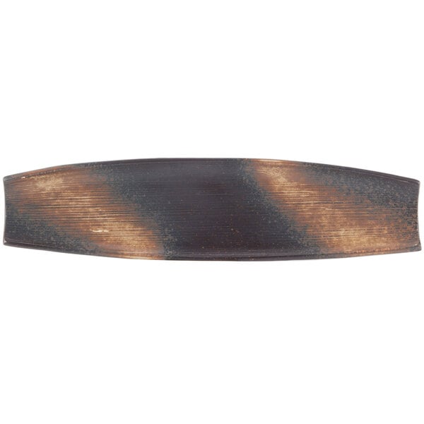 A brown and black rectangular stoneware platter with a metal surface.