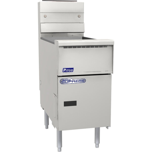 A Pitco Solstice Supreme gas fryer with stainless steel cabinet.