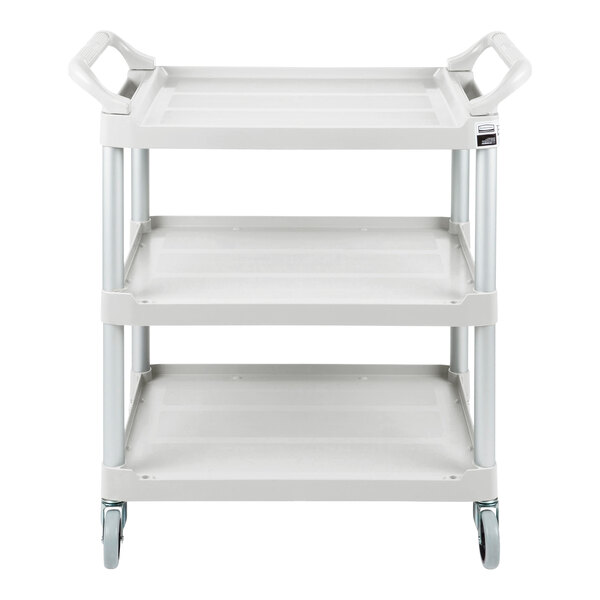 A white plastic cart with three shelves.