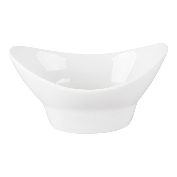 A white oval porcelain bowl with a modern, flared design.