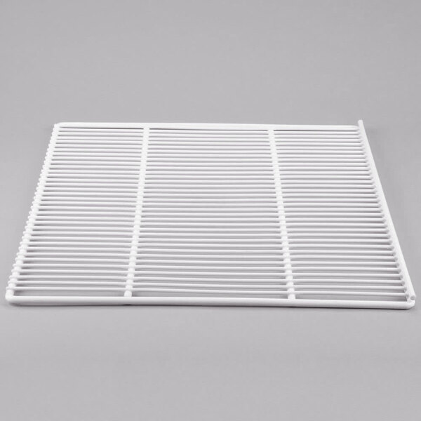A white coated wire shelf with square holes.