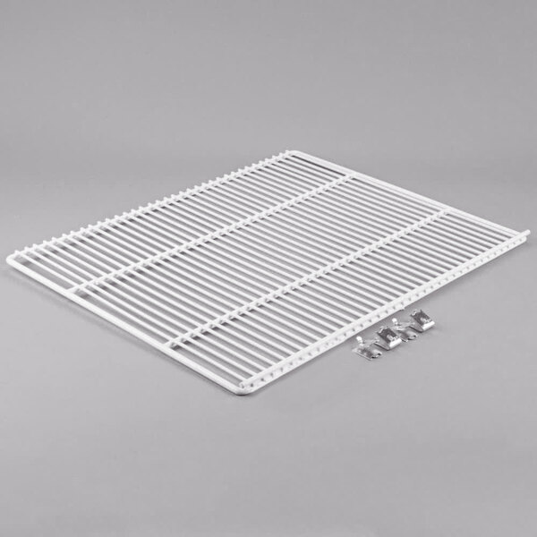 A white coated metal wire shelf with metal clips.