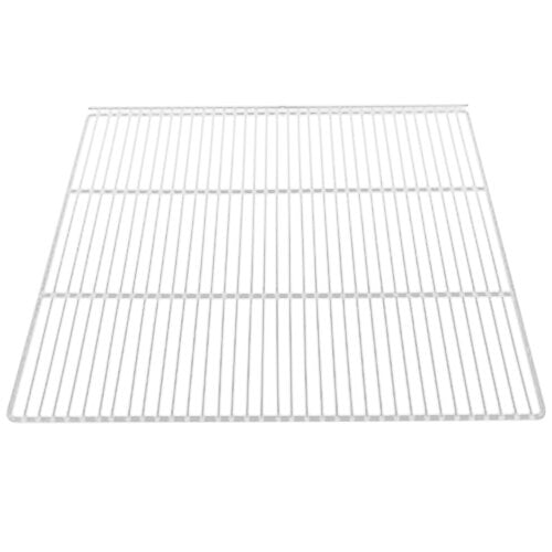 A white metal grid shelf for a refrigerator.