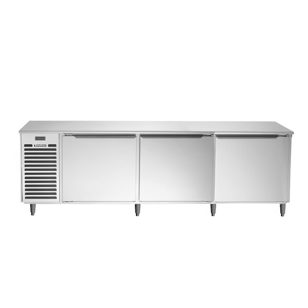 A Traulsen stainless steel undercounter refrigerator with two doors and two drawers.