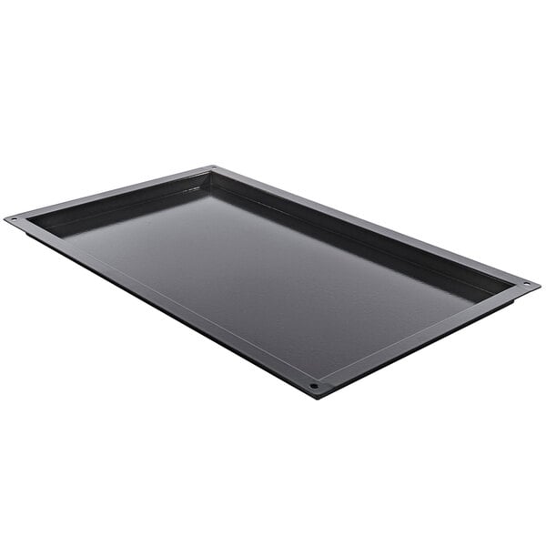 A black rectangular Rational granite enamel roasting pan with holes.