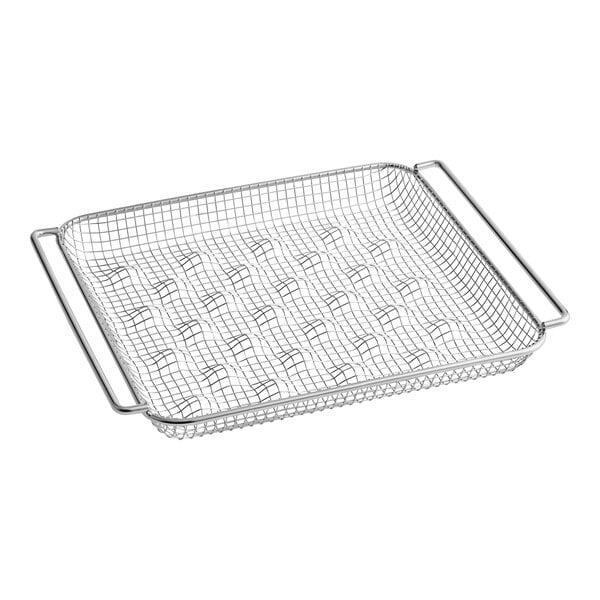 A stainless steel wire mesh basket with two handles.