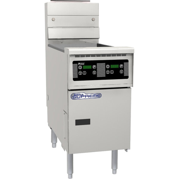 A white Pitco Solofilter gas fryer with a black control panel.