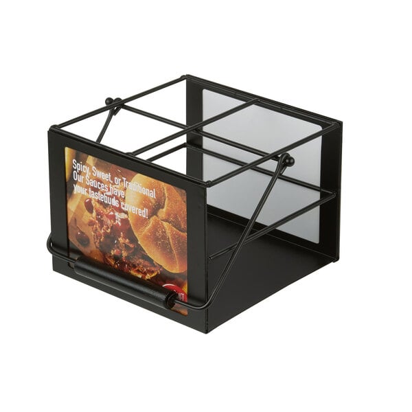 A black metal Tablecraft rack with 4 squeeze bottle compartments.