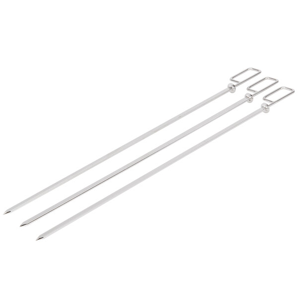 Three metal Rational flat fish skewers with handles.