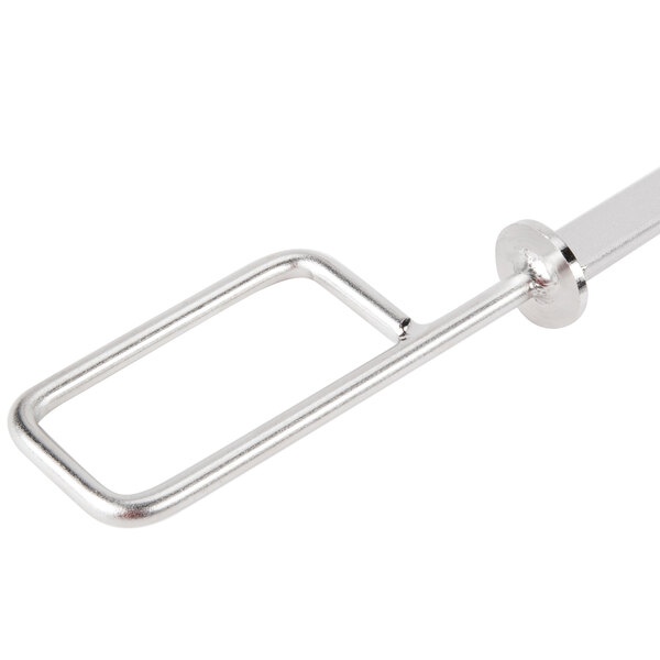 A close-up of a Rational flat metal fish skewer with a metal handle.