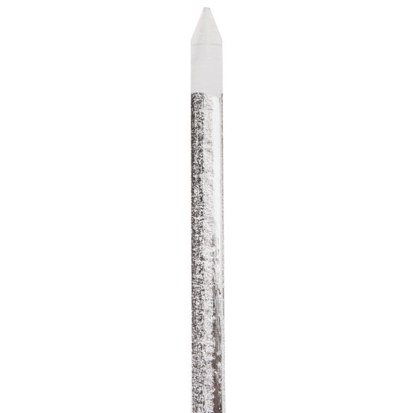 A close up of a silver metal fish skewer with a white background.