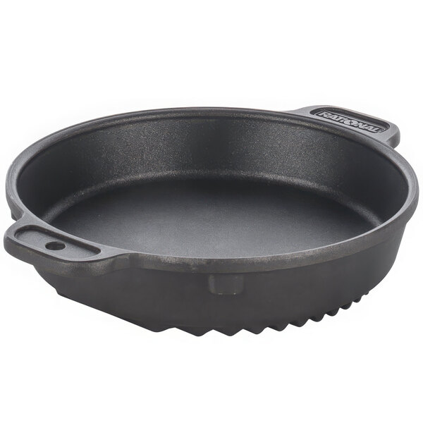 A black round pan with two handles.