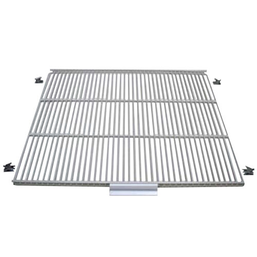 A white coated metal wire shelf for a back bar refrigerator.