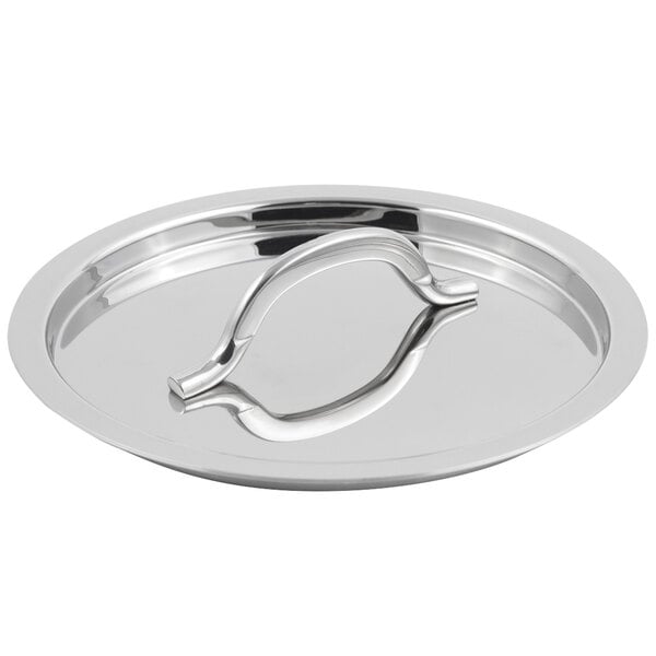 A stainless steel Bon Chef Classic Country French lid with a handle.