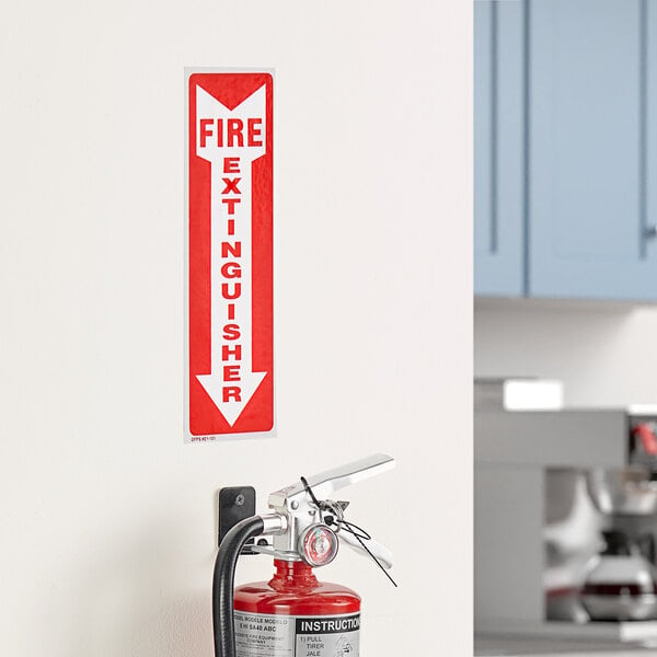 A Buckeye fire extinguisher adhesive label in red and white with text for a wall-mounted fire extinguisher.