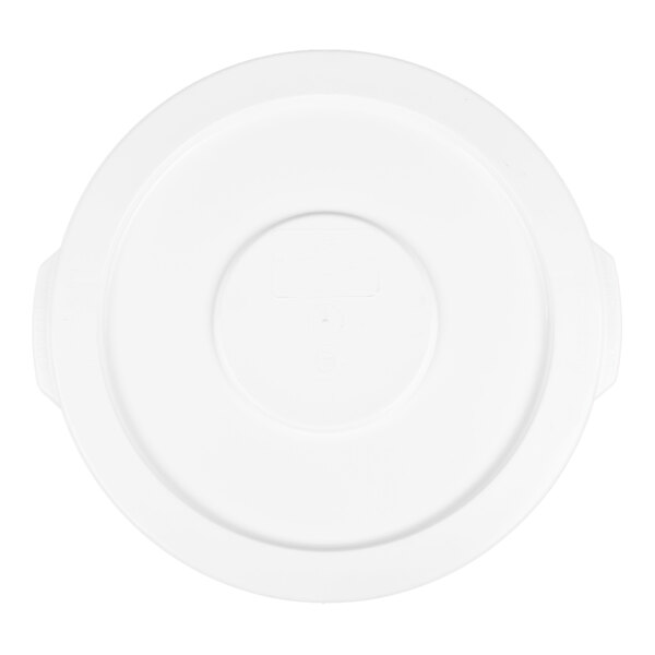 A white round plastic trash can lid designed for a 10-gallon container.