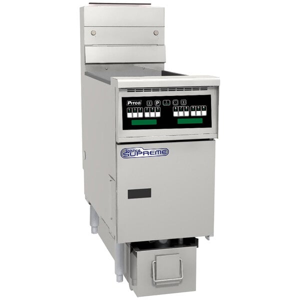 The control panel of a Pitco Solstice Supreme Liquid Propane gas fryer with computer controls.