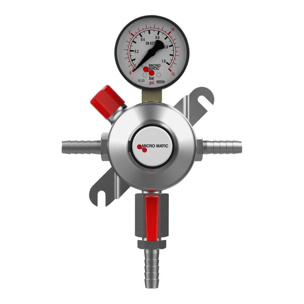 A Micro Matic CO2 low-pressure regulator with a red gauge.