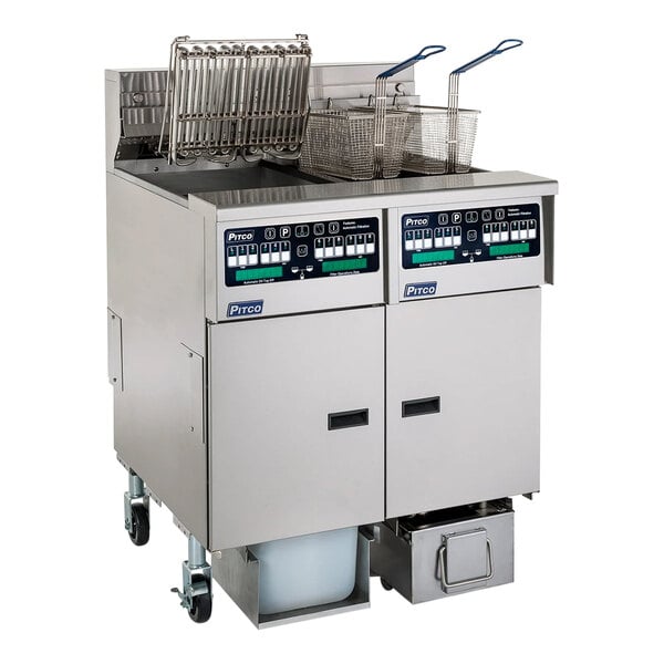 A Pitco commercial electric fryer system with 1 split pot and 2 full pot units on wheels.