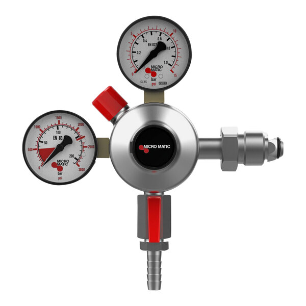 A Micro Matic Premium Plus nitrogen low-pressure regulator with two gauges, one of which is red.