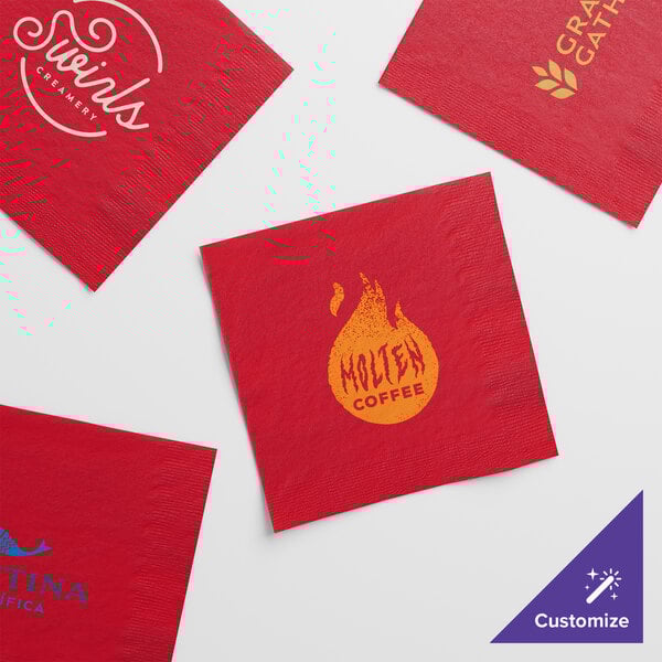 A group of red Choice 2-ply customizable beverage napkins with white and gold logos.