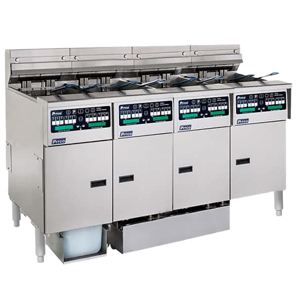 A white Pitco electric fryer system with a control panel with buttons and a green and blue label.