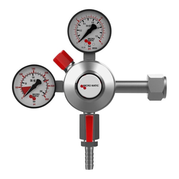 A Micro Matic Premium Plus double gauge CO2 low-pressure regulator with a red gauge.