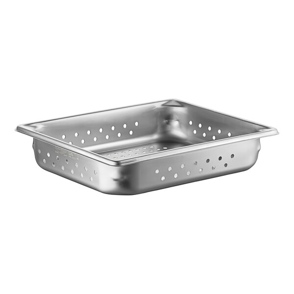 A stainless steel Vollrath steam table pan with holes in it.