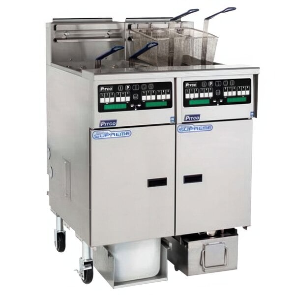 A large Pitco commercial deep fryer with two baskets.