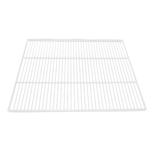 A white coated wire shelf with a grid on it.
