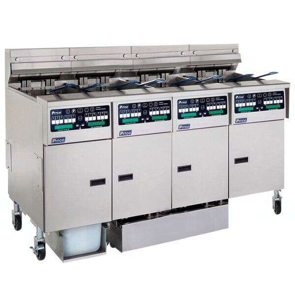 A Pitco Solstice natural gas fryer system with 2 split pot units and 2 full pot units.