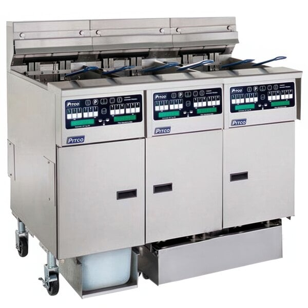 A large stainless steel Pitco gas fryer system with 2 split pot units and 1 full pot unit.