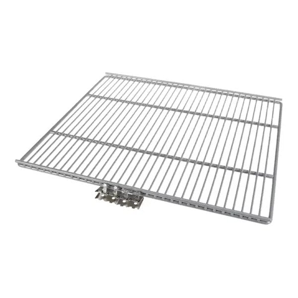 A rectangular gray wire shelf with evenly spaced bars and a small metal bracket attached to one side.