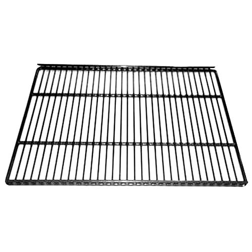 A gray coated wire shelf with a black metal grid.
