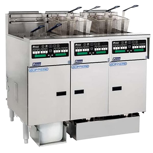 A white Pitco Solstice Supreme natural gas fryer system with a black and white control panel with green and black buttons.