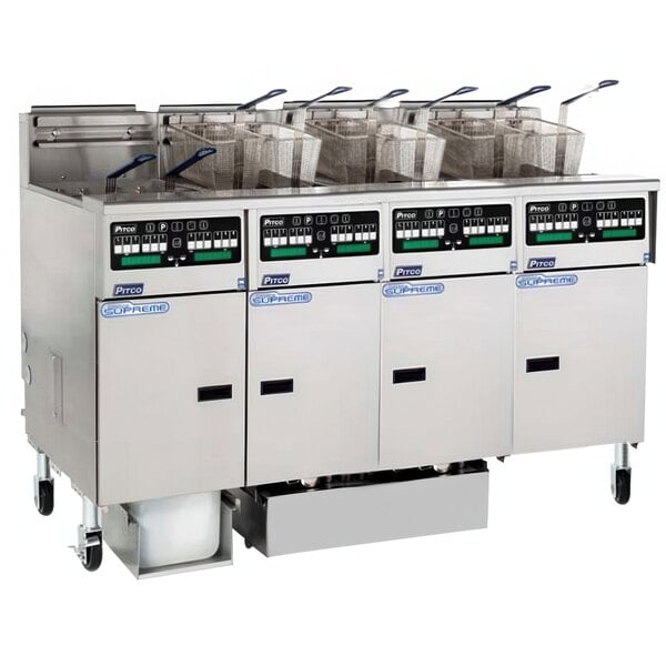 A row of white Pitco Solstice Supreme gas fryers.