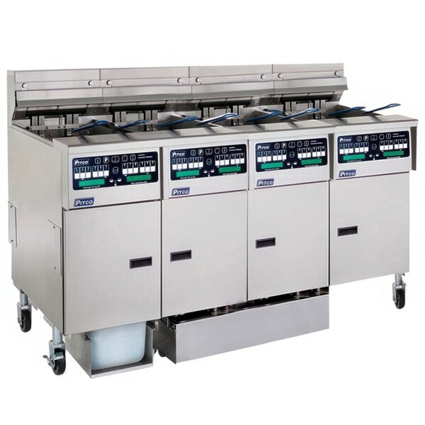 A white Pitco Solstice liquid propane fryer system with drawers and buttons.