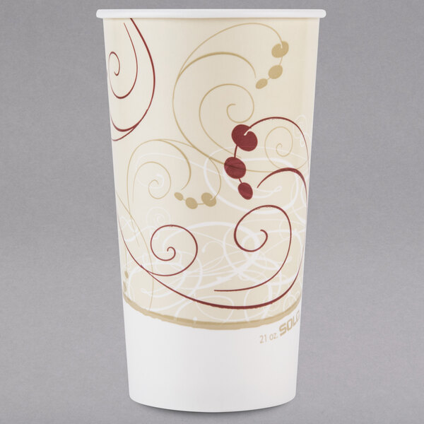A white Solo paper cold cup with a swirl design on it.