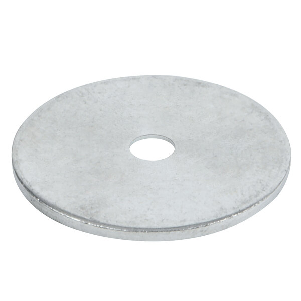 A silver round metal disc with a hole in the center.