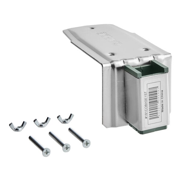 A plated steel heavy duty manual can opener base with included screws and brackets.