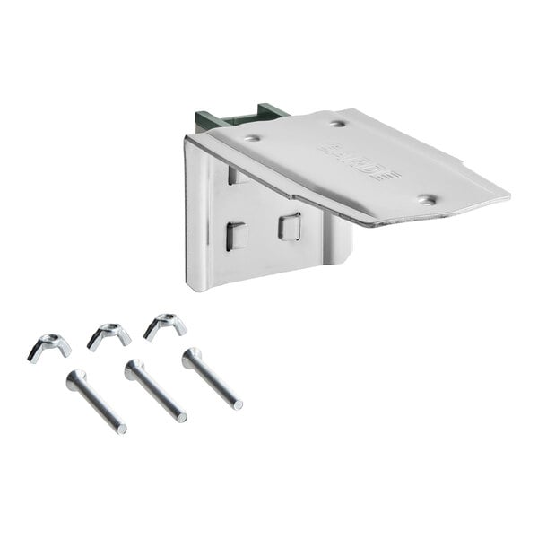 A plated steel heavy duty manual can opener base with four bolts and wing nuts.