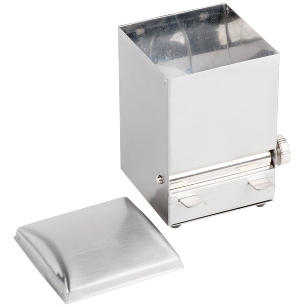 A silver rectangular Tablecraft stainless steel toothpick dispenser with a lid.