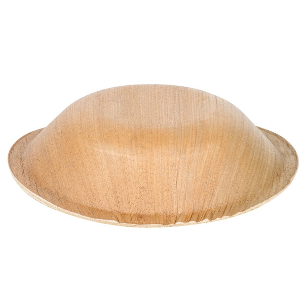 A close-up of a TreeVive by EcoChoice round palm leaf bowl.