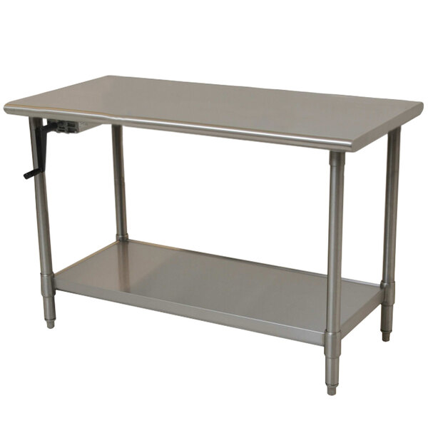 A stainless steel Eagle Group work table with a shelf.