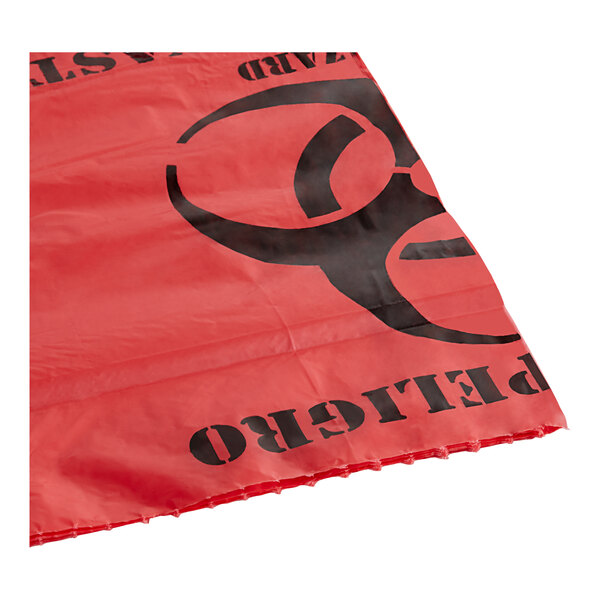 A red high density biohazard bag with black text reading "Isolation Infectious Waste" and a black biohazard symbol.