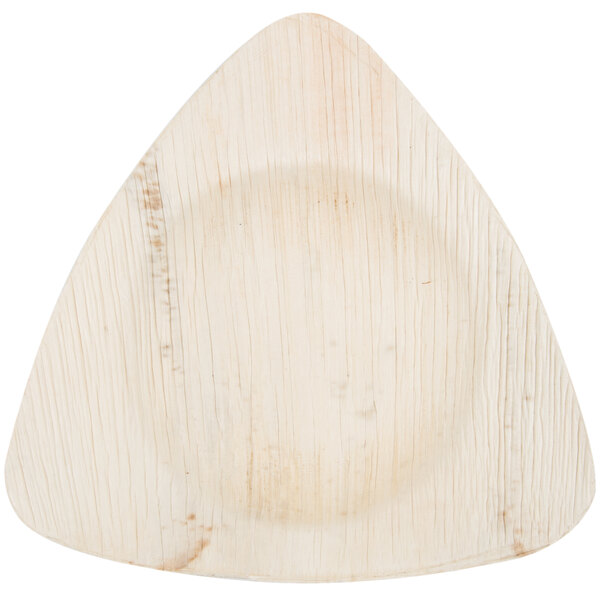 A close-up of a TreeVive by EcoChoice triangular palm leaf plate.